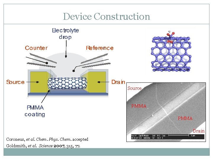Device Construction Source PMMA Drain Coroneus, et al. Chem. Phys. Chem. accepted Goldsmith, et