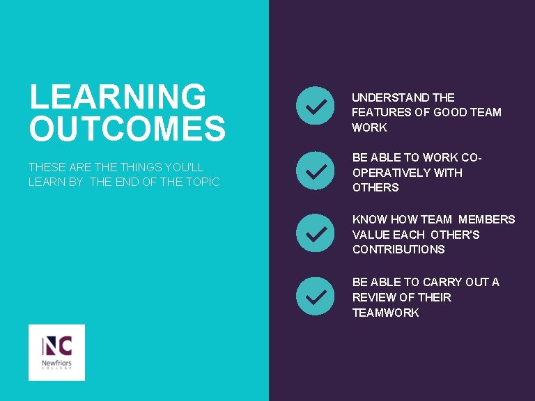 LEARNING OUTCOMES UNDERSTAND THE FEATURES OF GOOD TEAM WORK THESE ARE THINGS YOU'LL LEARN