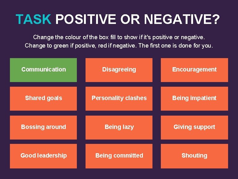 TASK POSITIVE OR NEGATIVE? Change the colour of the box fill to show if