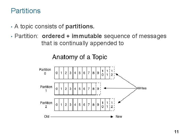 Partitions • A topic consists of partitions. • Partition: ordered + immutable sequence of