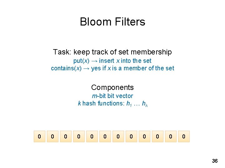 Bloom Filters Task: keep track of set membership put(x) → insert x into the