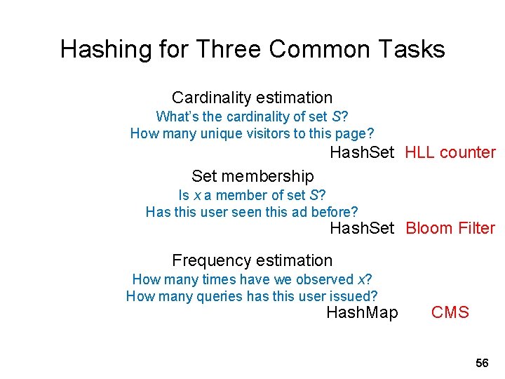 Hashing for Three Common Tasks Cardinality estimation What’s the cardinality of set S? How