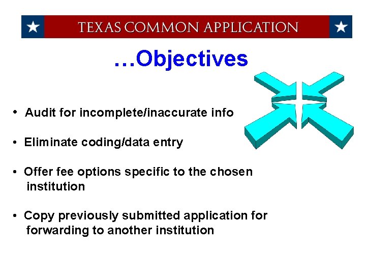 …Objectives • Audit for incomplete/inaccurate info • Eliminate coding/data entry • Offer fee options