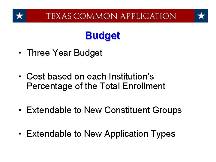 Budget • Three Year Budget • Cost based on each Institution’s Percentage of the