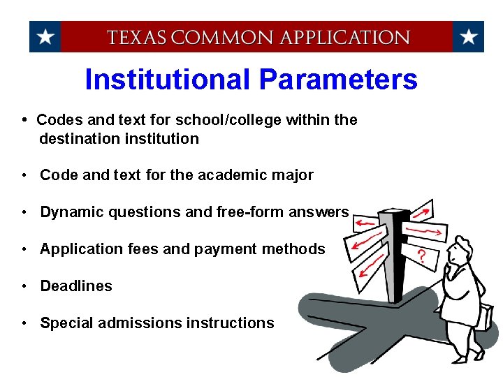 Institutional Parameters • Codes and text for school/college within the destination institution • Code