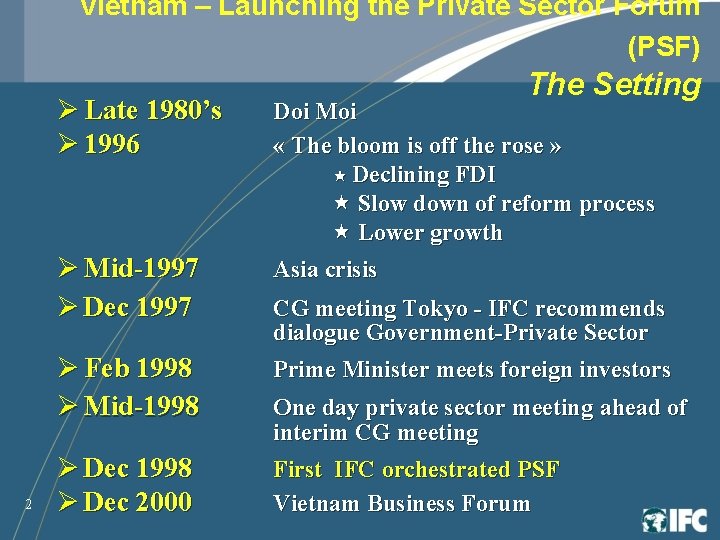 Vietnam – Launching the Private Sector Forum (PSF) 2 The Setting Ø Late 1980’s