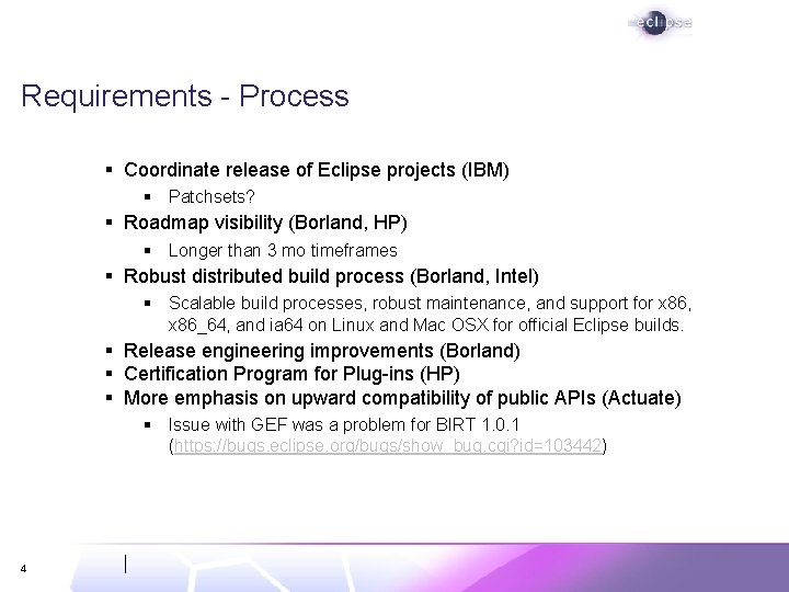Requirements - Process § Coordinate release of Eclipse projects (IBM) § Patchsets? § Roadmap