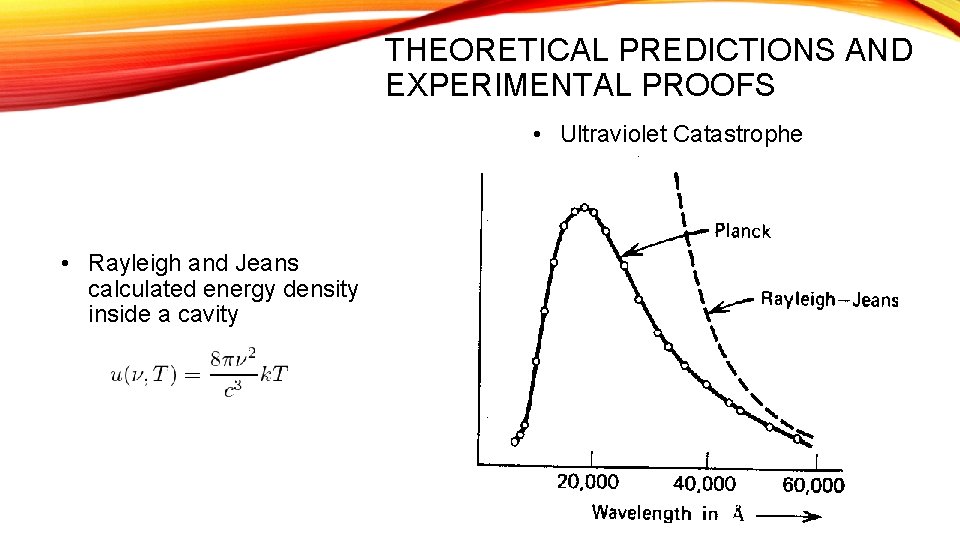 THEORETICAL PREDICTIONS AND EXPERIMENTAL PROOFS • Ultraviolet Catastrophe • Rayleigh and Jeans calculated energy