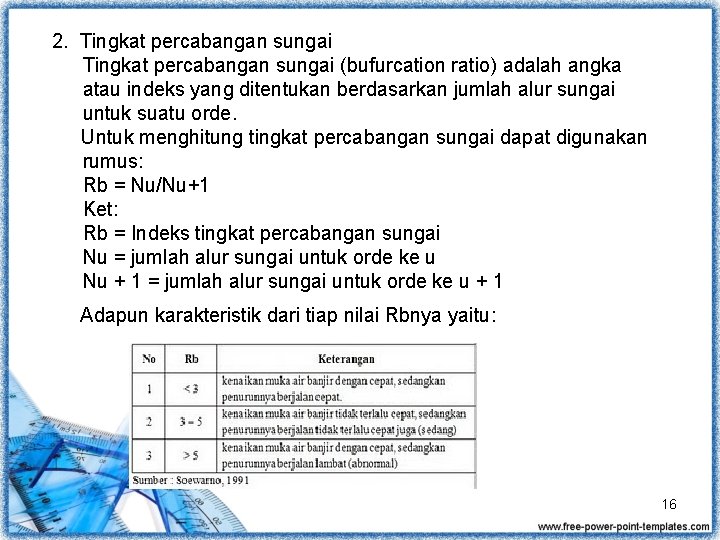 2. Tingkat percabangan sungai (bufurcation ratio) adalah angka atau indeks yang ditentukan berdasarkan jumlah