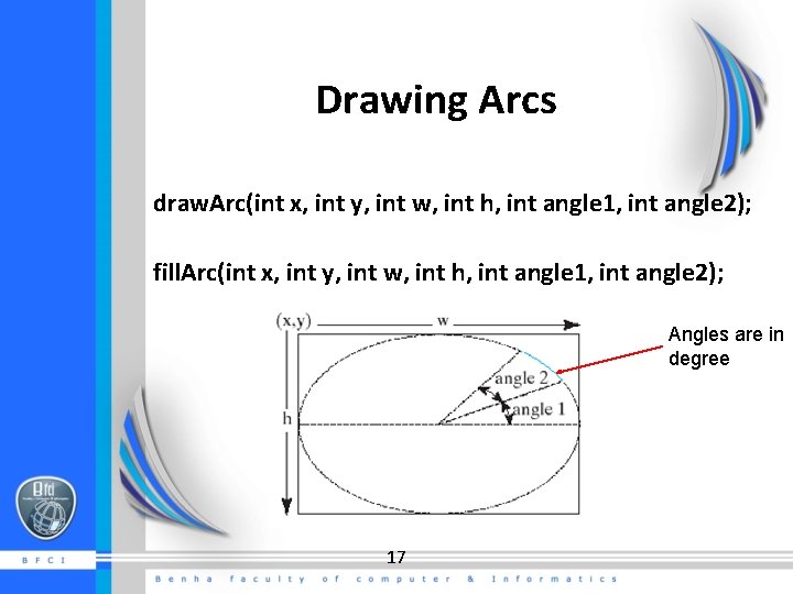 Drawing Arcs draw. Arc(int x, int y, int w, int h, int angle 1, Drawing Arcs draw. Arc(int x, int y, int w, int h, int angle 1,