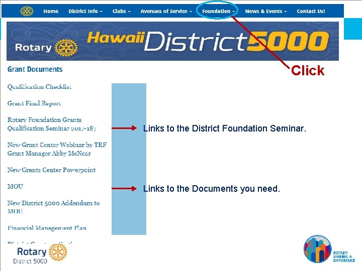 Click Links to the District Foundation Seminar. Links to the Documents you need. 