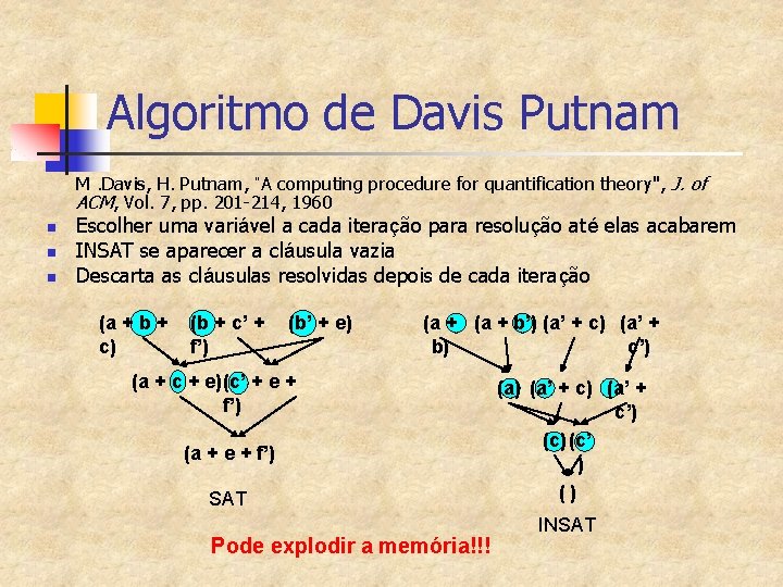 Algoritmo de Davis Putnam M. Davis, H. Putnam, “A computing procedure for quantification theory",