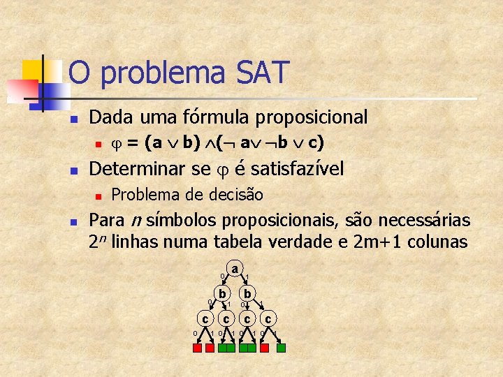 O problema SAT n Dada uma fórmula proposicional n n Determinar se é satisfazível