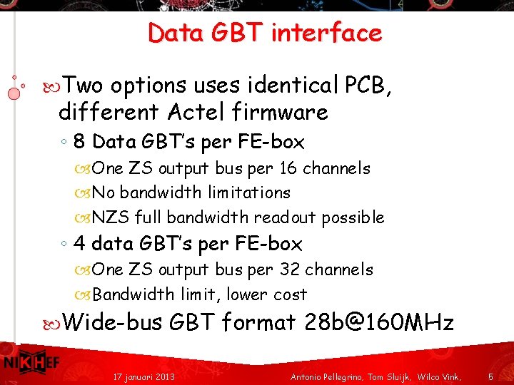 Data GBT interface Two options uses identical PCB, different Actel firmware ◦ 8 Data