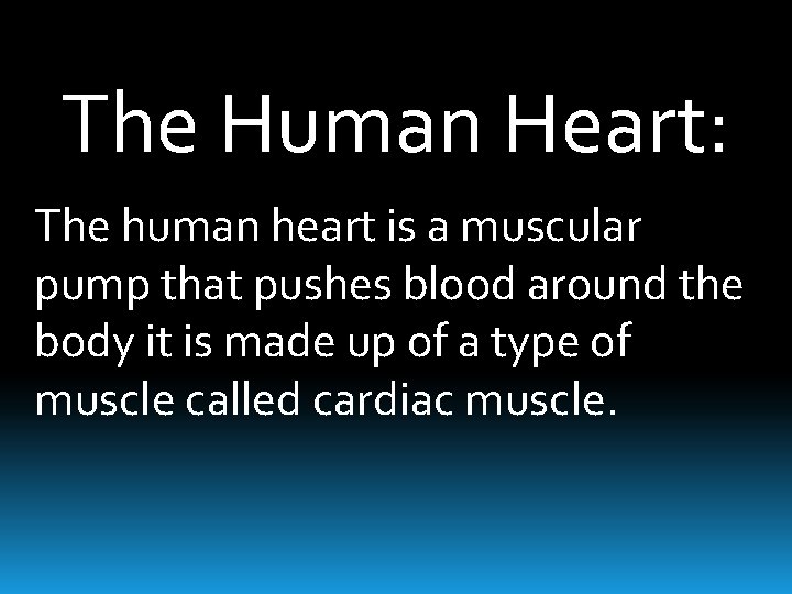 The Human Heart: The human heart is a muscular pump that pushes blood around