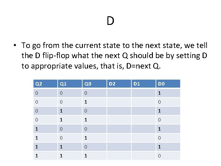 D • To go from the current state to the next state, we tell