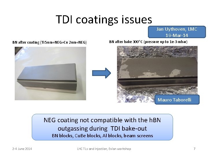 TDI coatings issues BN after coating (Ti 5 um+NEG+Cu 2 um+NEG) Jan Uythoven, LMC