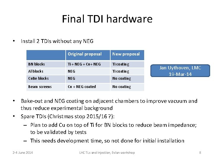 Final TDI hardware • Install 2 TDIs without any NEG Original proposal New proposal