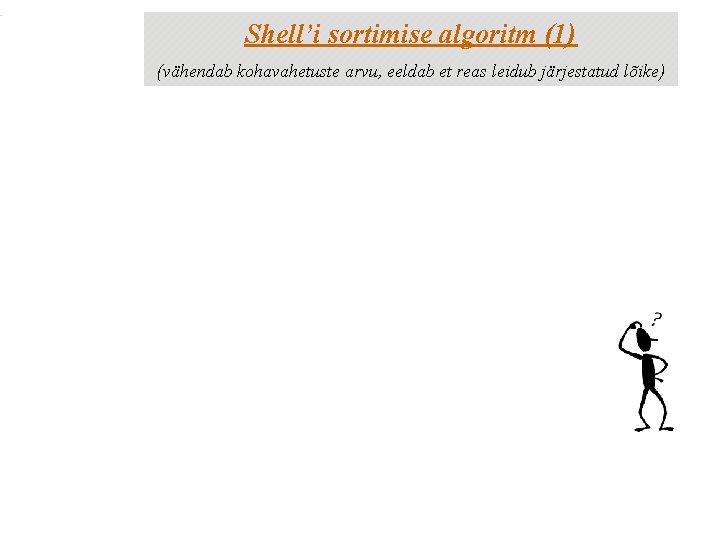 Shell’i sortimise algoritm (1) (vähendab kohavahetuste arvu, eeldab et reas leidub järjestatud lõike) 