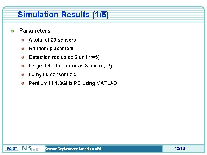 Simulation Results (1/5) Parameters A total of 20 sensors Random placement Detection radius as
