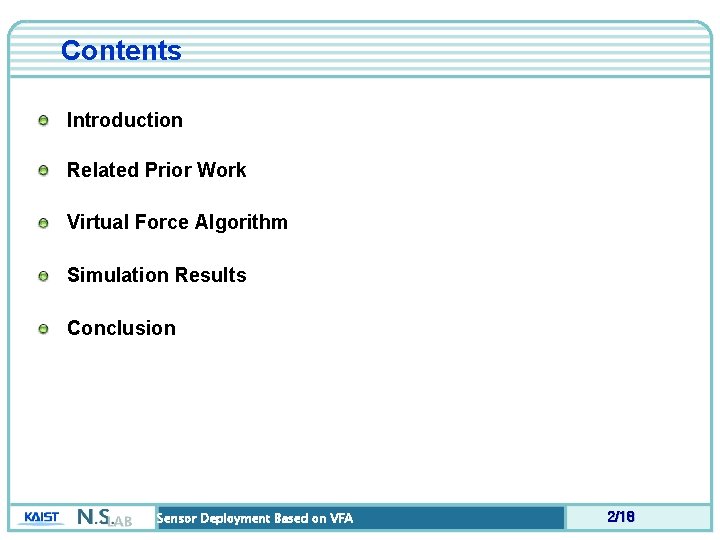 Contents Introduction Related Prior Work Virtual Force Algorithm Simulation Results Conclusion Sensor Deployment Based