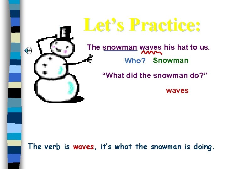 Let’s Practice: The snowman waves his hat to us. Who? Snowman “What did the