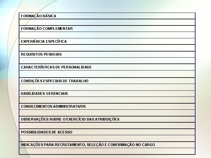 FORMAÇÃO BÁSICA FORMAÇÃO COMPLEMENTAR EXPERIÊNCIA ESPECÍFICA REQUISITOS PESSOAIS CARACTERÍSTICAS DE PERSONALIDADE CONDIÇÕES ESPECIAIS DE