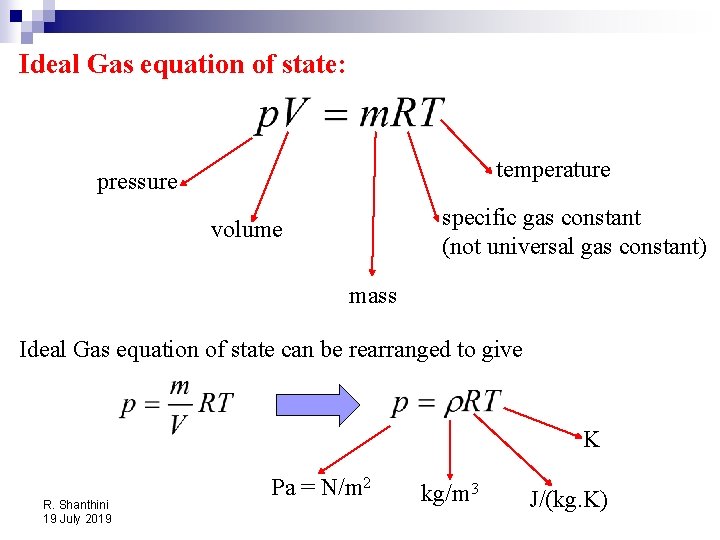 Ideal Gas equation of state: temperature pressure specific gas constant (not universal gas constant)