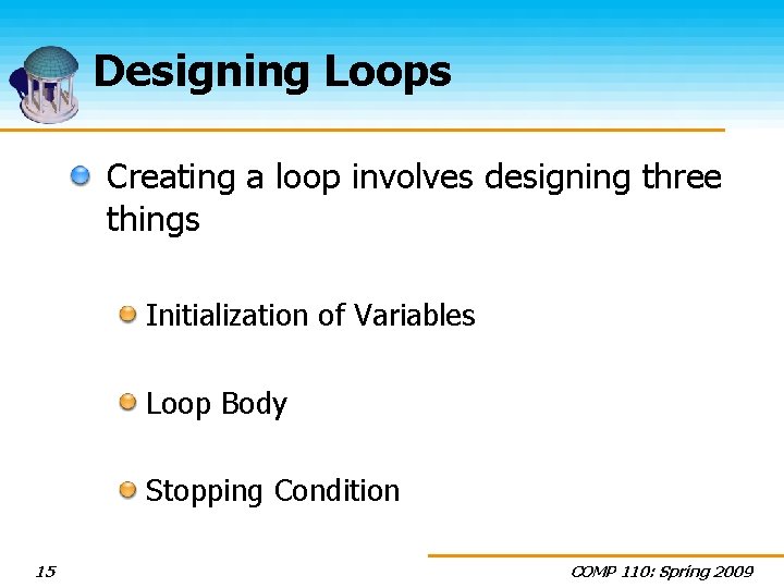 Designing Loops Creating a loop involves designing three things Initialization of Variables Loop Body