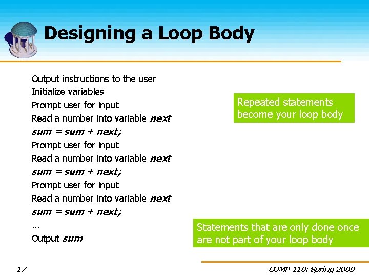 Designing a Loop Body Output instructions to the user Initialize variables Prompt user for