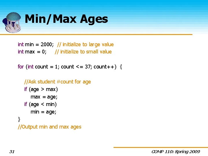 Min/Max Ages int min = 2000; // initialize to large value int max =
