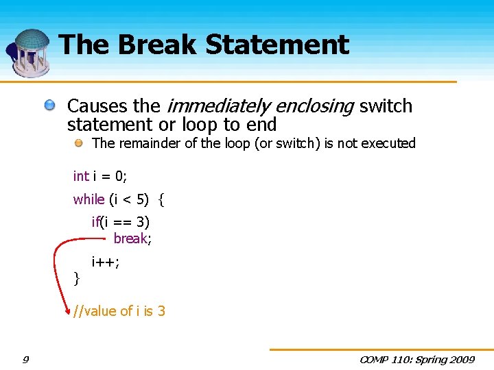 The Break Statement Causes the immediately enclosing switch statement or loop to end The