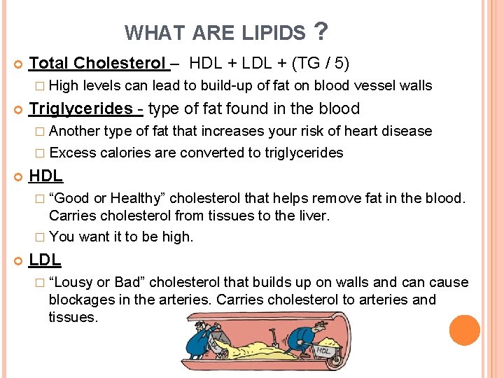 WHAT ARE LIPIDS Total Cholesterol – HDL + LDL + (TG / 5) �