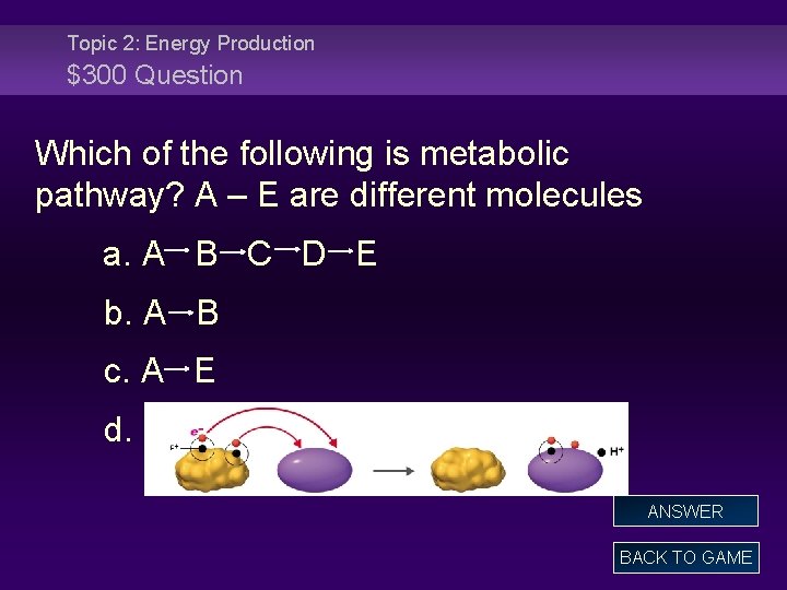 Topic 2: Energy Production $300 Question Which of the following is metabolic pathway? A