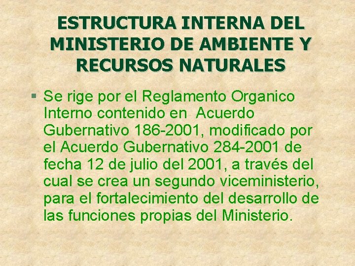 ESTRUCTURA INTERNA DEL MINISTERIO DE AMBIENTE Y RECURSOS NATURALES § Se rige por el