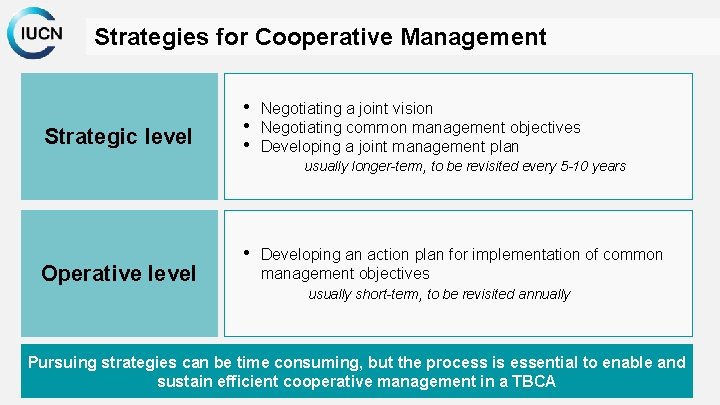 Strategies for Cooperative Management Strategic level • Negotiating a joint vision • Negotiating common