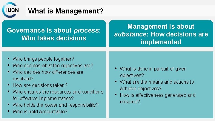 What is Management? Governance is about process: Who takes decisions • Who brings people