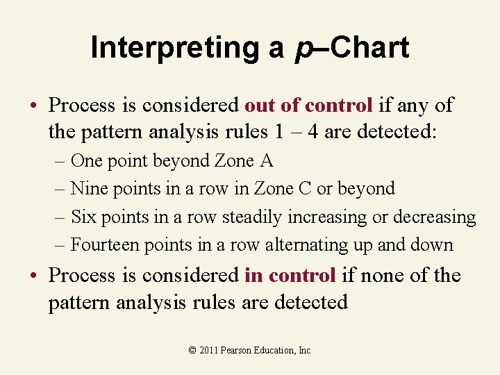 Interpreting a p–Chart • Process is considered out of control if any of the