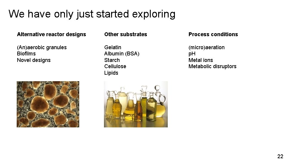 We have only just started exploring Alternative reactor designs Other substrates Process conditions (An)aerobic
