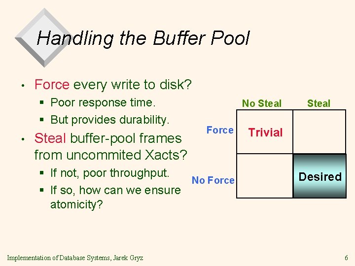 Handling the Buffer Pool • Force every write to disk? § Poor response time.
