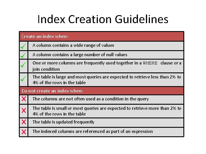Index Creation Guidelines Create an index when: A column contains a wide range of