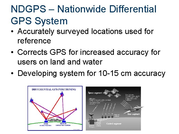 NDGPS – Nationwide Differential GPS System • Accurately surveyed locations used for reference •