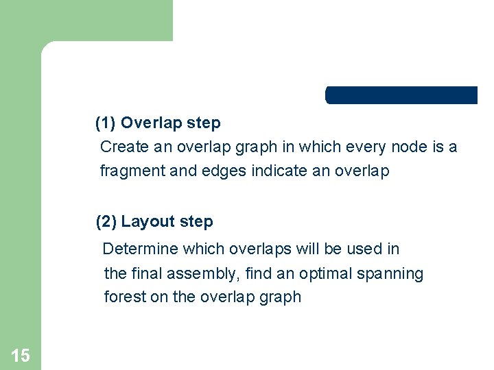 (1) Overlap step Create an overlap graph in which every node is a fragment (1) Overlap step Create an overlap graph in which every node is a fragment