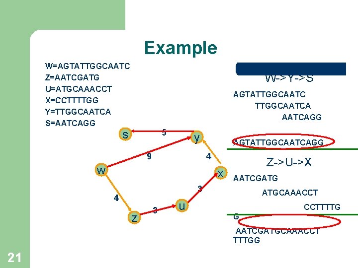 Example W=AGTATTGGCAATC Z=AATCGATG U=ATGCAAACCT X=CCTTTTGG Y=TTGGCAATCA S=AATCAGG W->Y->S AGTATTGGCAATCA AATCAGG 5 s y 9 Example W=AGTATTGGCAATC Z=AATCGATG U=ATGCAAACCT X=CCTTTTGG Y=TTGGCAATCA S=AATCAGG W->Y->S AGTATTGGCAATCA AATCAGG 5 s y 9