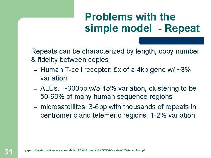 Problems with the simple model - Repeats can be characterized by length, copy number Problems with the simple model - Repeats can be characterized by length, copy number