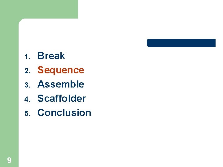 1. 2. 3. 4. 5. 9 Break Sequence Assemble Scaffolder Conclusion  1. 2. 3. 4. 5. 9 Break Sequence Assemble Scaffolder Conclusion