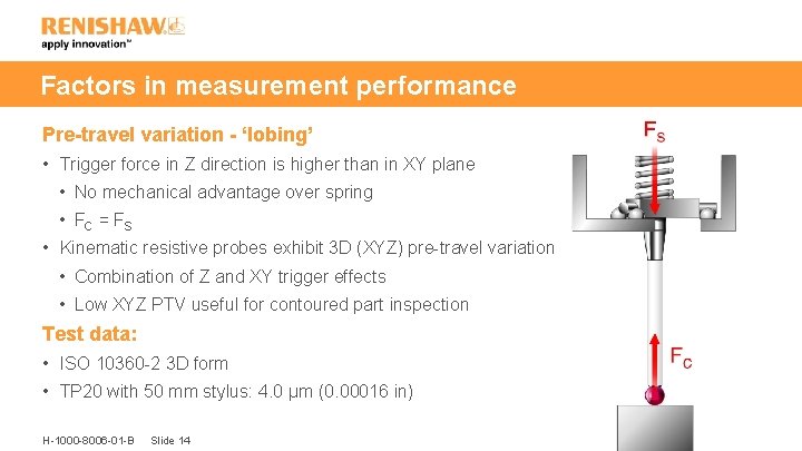 Factors in measurement performance Pre-travel variation - ‘lobing’ • Trigger force in Z direction
