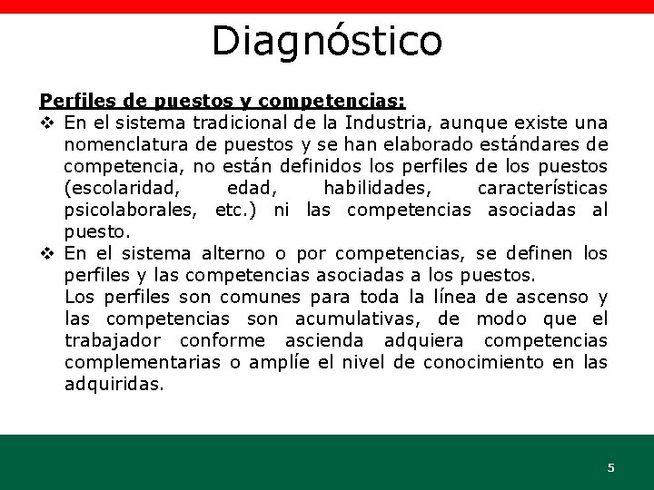 Diagnóstico Perfiles de puestos y competencias: v En el sistema tradicional de la Industria,