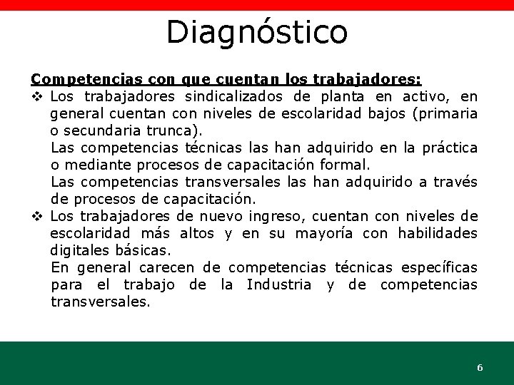 Diagnóstico Competencias con que cuentan los trabajadores: v Los trabajadores sindicalizados de planta en