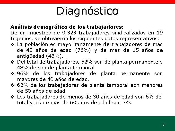 Diagnóstico Análisis demográfico de los trabajadores: De un muestreo de 9, 323 trabajadores sindicalizados